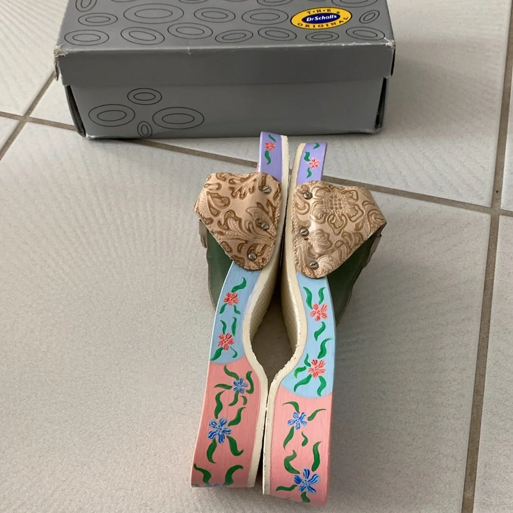 Dr Scholl’s Original Vintage Floral Hand Painted excercise wood sandals NIB - Picture 4 of 4
